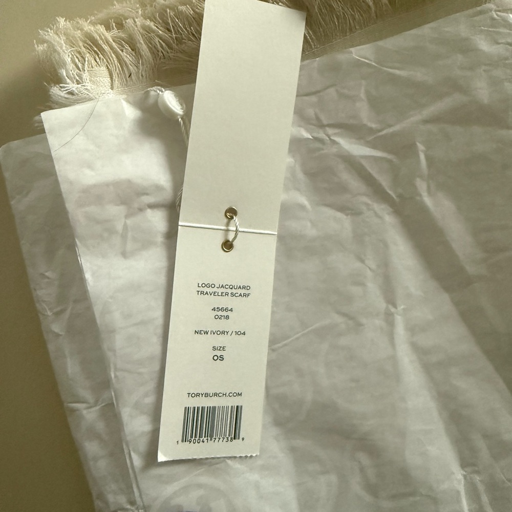 Tory Burch Logo Jacquard Traveler Silk and Wool Scarf in New Ivory - Picture 6 of 9